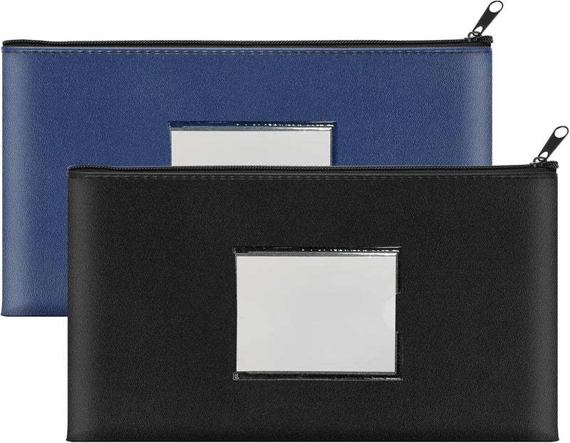 Hoiny 2 Pack Money Bags with Zipper, Bank Pouch with Label, 11 x 6.1 Inch PU Leather Cash Deposit Holder for Coins, Invoice, Bills, Cosmetics, Tools (Black & Navy Blue) - Image 1